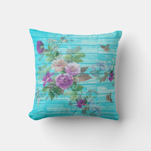  stijl Shabby Chic Florals op blauw Kussen (Voorkant)