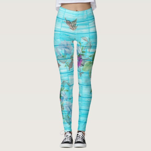  stijl Shabby Chic Florals op blauw Leggings (Voorkant)
