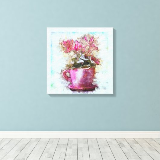  stijl Shabby Chic Violets Lila Cup Saucer Canvas Afdruk (Insitu (Houten vloer))