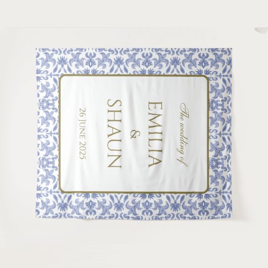 -stijl Stoffig Blauw en Wit Bruiloft Wandkleed (Voorkant (horizontaal))