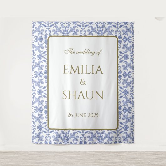 -stijl Stoffig Blauw en Wit Bruiloft Wandkleed (Voorkant)