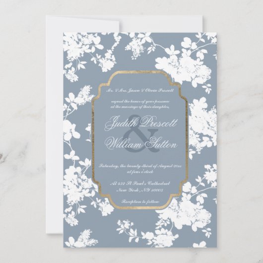  Stijl Stoffig Blauw Goud Wit Bloemen Bruiloft Kaart (Voorkant)