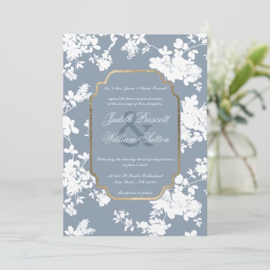  Stijl Stoffig Blauw Goud Wit Bloemen Bruiloft Kaart (Staand voorkant)