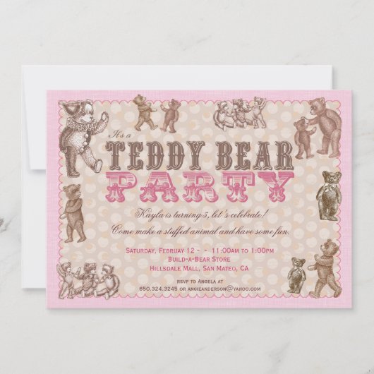  stijl Teddy Bear Party Invitation - Roze Kaart (Voorkant)