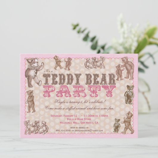 stijl Teddy Bear Party Invitation - Roze Kaart (Staand voorkant)