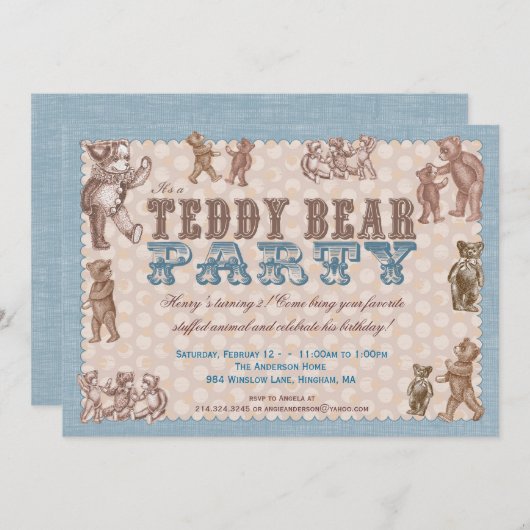 stijl Teddy Bear Party - Uitnodiging blauw (Voorkant / Achterkant)