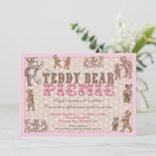 stijl Teddy Bear picknick uitnodiging - Roze (Staand voorkant)