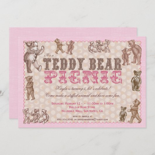 stijl Teddy Bear picknick uitnodiging - Roze (Voorkant / Achterkant)
