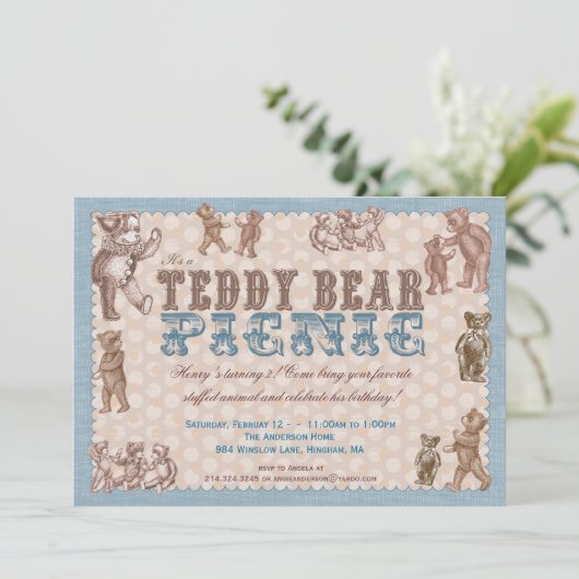 stijl Teddy Bear Picnic Uitnodiging - blauw (Staand voorkant)