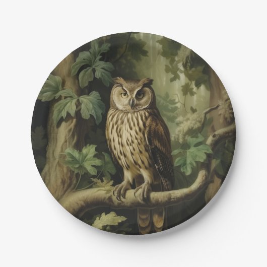 stijl uil in betoverd bos papieren bordje (Voorkant)