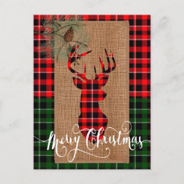 Stijl van de hut - Een geruit hertenhoofd op jute  Feestdagenkaart