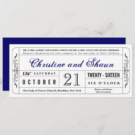 stijl Wedding Ticket Uitnodiging in Blauw (Voorkant / Achterkant)