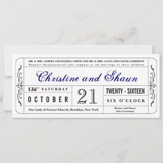  stijl Wedding Ticket Uitnodiging in Blauw (Voorkant)