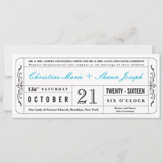 stijl Wedding Ticket Uitnodiging in Blauw (Voorkant)