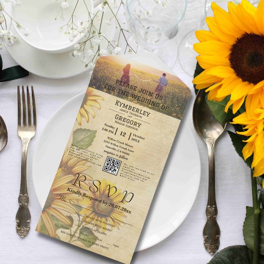  stijl zonnebloem gele crème foto QR-code All In One Uitnodiging