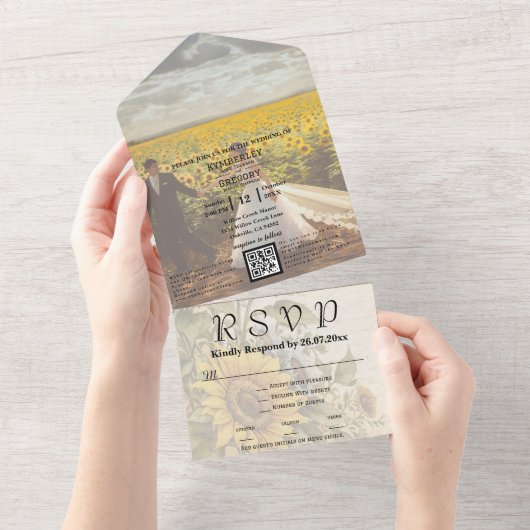  stijl zonnebloem QR code foto Afbeelding All In One Uitnodiging (Afscheurbaar)