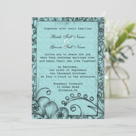  stijl zwart en blauw bloemenbruiloft kaart (Staand voorkant)