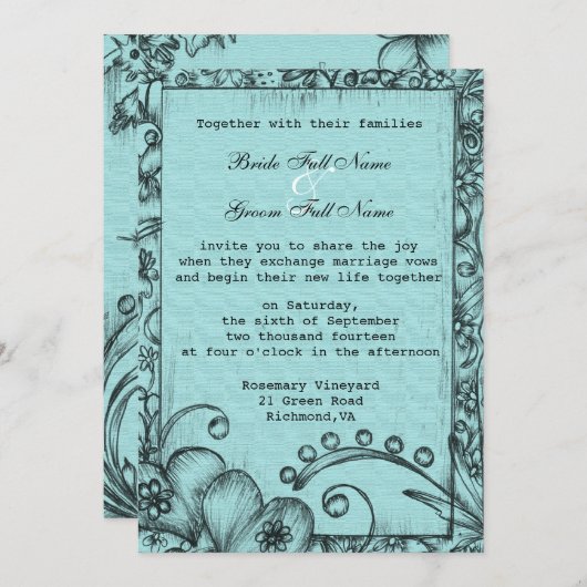  stijl zwart en blauw bloemenbruiloft kaart (Voorkant / Achterkant)