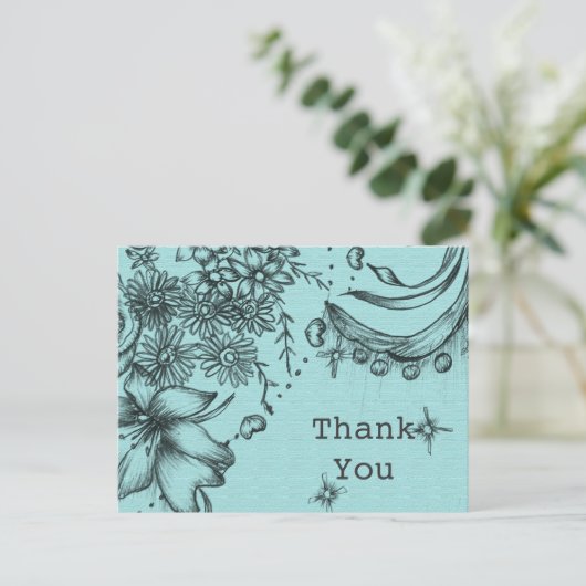  stijl zwart en blauw bloemendank u briefkaart (Staand voorkant)