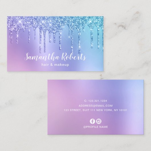 Stijlblauw en paars glitter druppelt haar en make- visitekaartje (Voorkant / Achterkant)