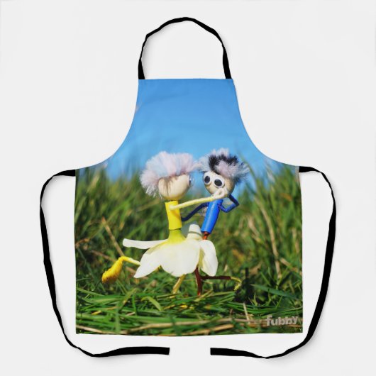 Stijldansende Fubby's in Narcissen jurk. Schort (Voorkant)