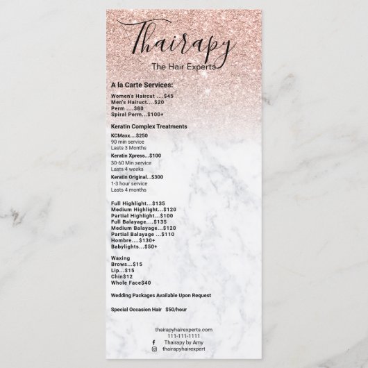 Stijllijst roos goudglitter marmer menu (Achterkant)