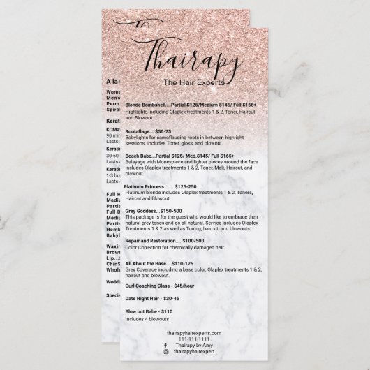 Stijllijst roos goudglitter marmer menu (Voorkant / Achterkant)