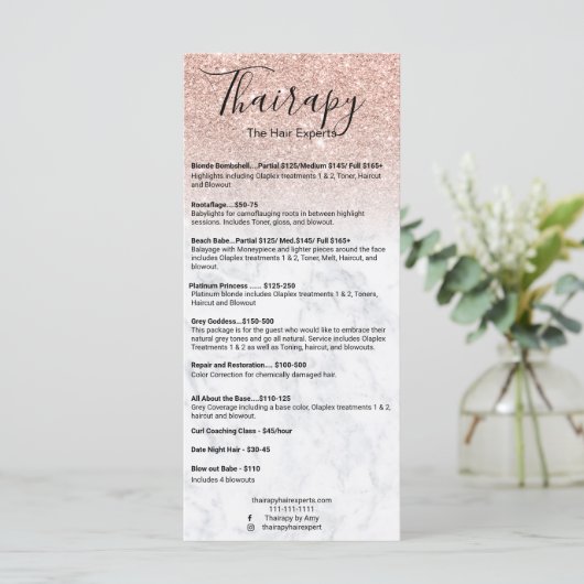 Stijllijst roos goudglitter marmer menu (Staand voorkant)