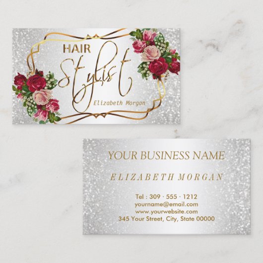 Stijllijst van het haar in een Witte Glitter en Fl Visitekaartje (Voorkant / Achterkant)