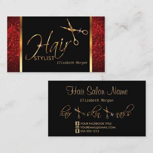 Stijllijst voor Classy Black, Gold en Red Hair Visitekaartje (Voorkant / Achterkant)