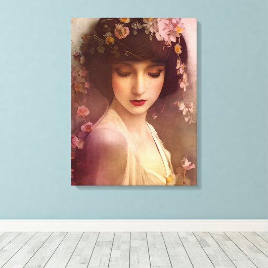 stijlportret van mooie Florale vrouw Canvas Afdruk (Insitu (Houten vloer))