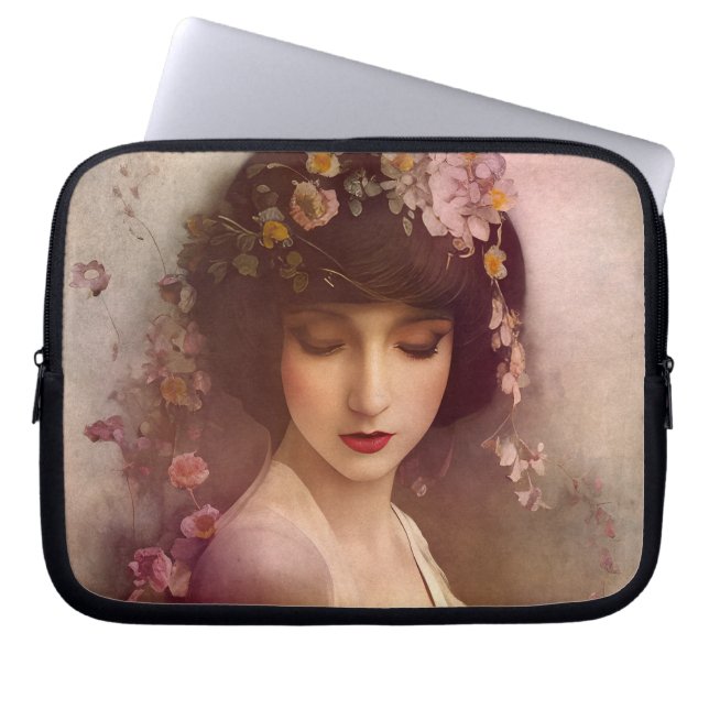  stijlportret van mooie Florale vrouw Laptop Sleeve (Voorkant)