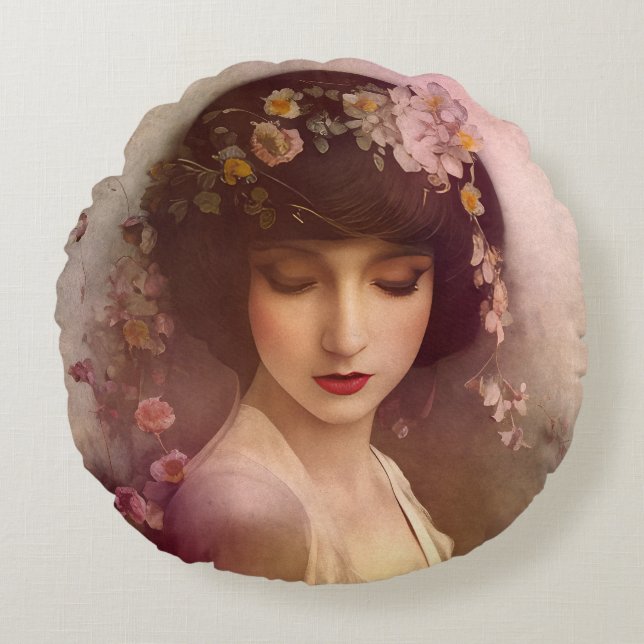  stijlportret van mooie Florale vrouw Rond Kussen (Voorkant)