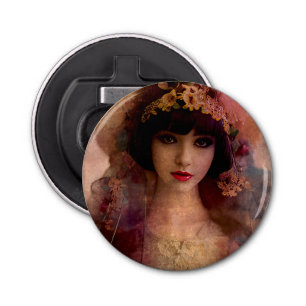  stijlportret van mooie vrouw in roze button flesopener