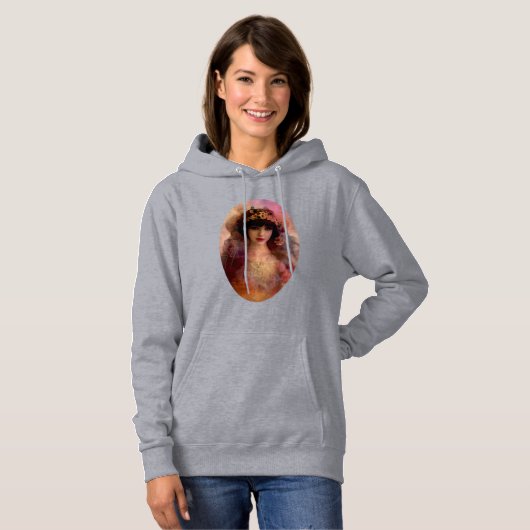  stijlportret van mooie vrouw in roze hoodie (Voorkant volledig)