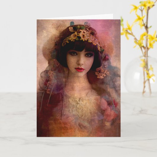 stijlportret van mooie vrouw in roze kaart (Gele Bloem)