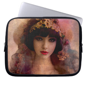  stijlportret van mooie vrouw in roze laptop sleeve