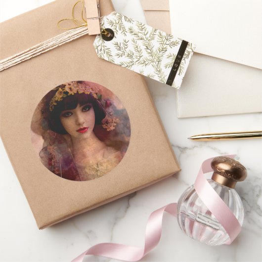  stijlportret van mooie vrouw in roze ronde sticker (Geschenken)