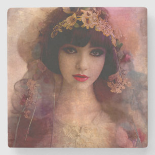 stijlportret van mooie vrouw in roze stenen onderzetter