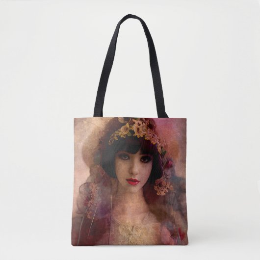  stijlportret van mooie vrouw in roze tote bag (Voorkant)