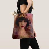 stijlportret van mooie vrouw in roze tote bag (Dichtbij)