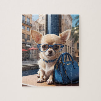 Stijlpuzzel: Chihuahua draagt een blauwe bril in l Legpuzzel