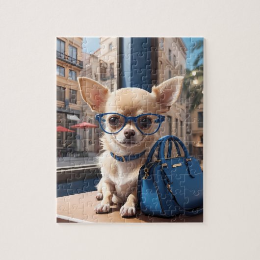 Stijlpuzzel: Chihuahua draagt een blauwe bril in l Legpuzzel (Verticaal)