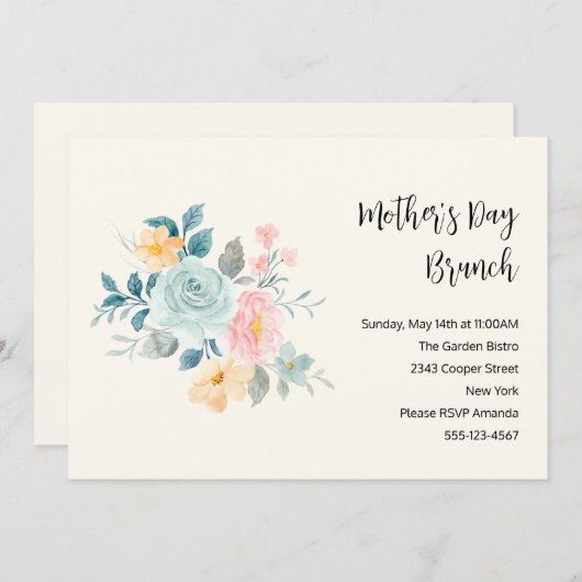 Stijlroze en blauwe bloemen Moederdag Brunch Kaart (Voorkant / Achterkant)