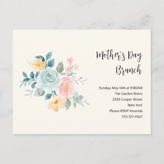 Stijlroze en blauwe bloemen - Moederdag Brunch Uitnodiging Briefkaart (Voorkant)