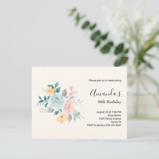 Stijlroze en blauwe ventilator Bouquet Birthday In Briefkaart (Staand voorkant)