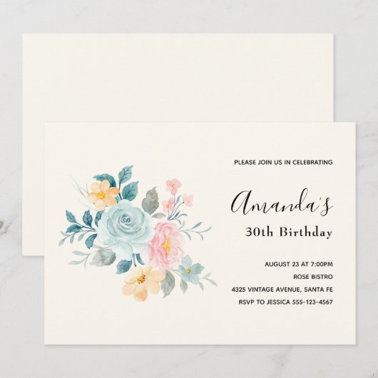 Stijlroze en blauwe ventilator Bouquet - Birthday Kaart (Voorkant / Achterkant)