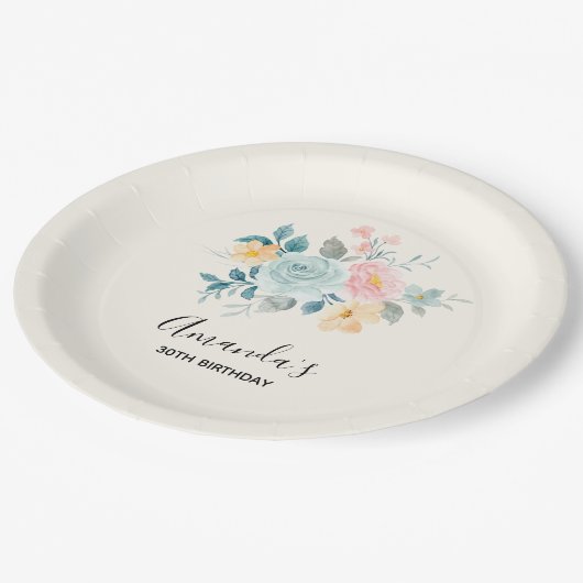 Stijlroze en blauwe ventilator Bouquet Birthday Papieren Bordje (Gekanteld)