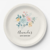 Stijlroze en blauwe ventilator Bouquet Birthday Papieren Bordje (Voorkant)