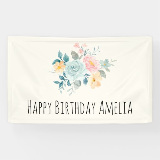 Stijlroze en blauwe ventilator Bouquet Birthday Spandoek (Horizontaal)